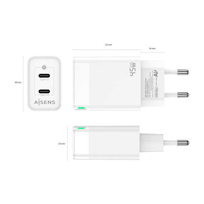 AISENS - Cargador Gan 45W  2xUSB-C PD3.0 QC4.0  Blanco