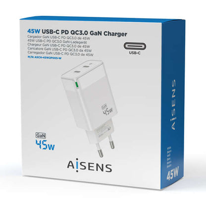 AISENS - Cargador Gan 45W  2xUSB-C PD3.0 QC4.0  Blanco