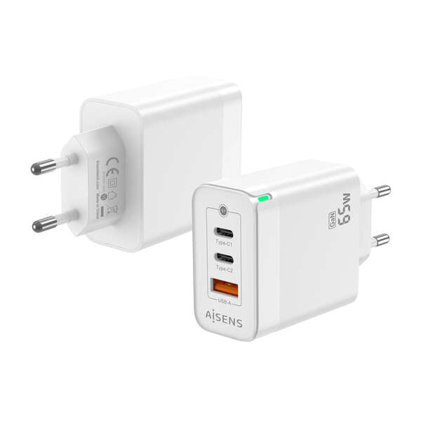 AISENS - Cargador Gan 65W  2xUSB-C PD3.0 QC4.0  1xUSB-A QC3.0  Blanco