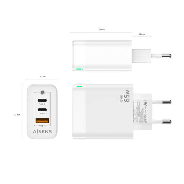 AISENS - Cargador Gan 65W  2xUSB-C PD3.0 QC4.0  1xUSB-A QC3.0  Blanco