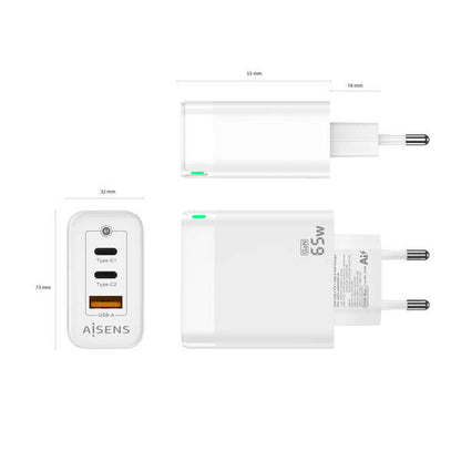 AISENS - Cargador Gan 65W  2xUSB-C PD3.0 QC4.0  1xUSB-A QC3.0  Blanco