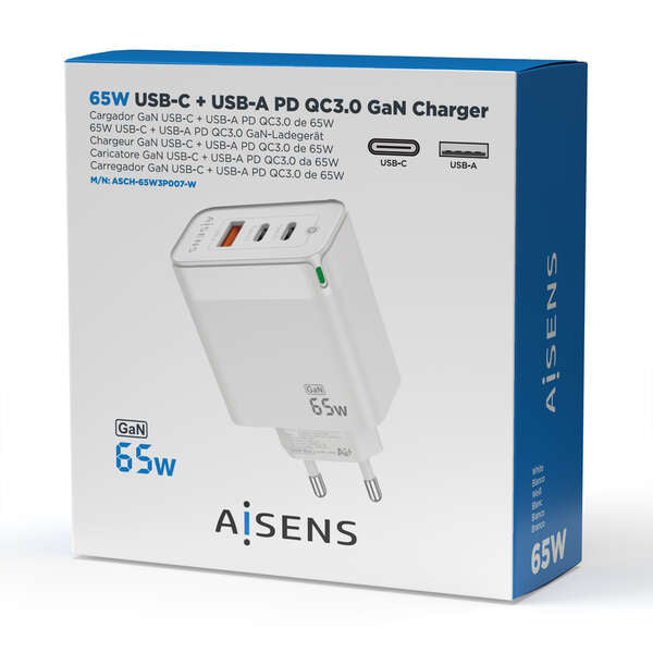 AISENS - Cargador Gan 65W  2xUSB-C PD3.0 QC4.0  1xUSB-A QC3.0  Blanco