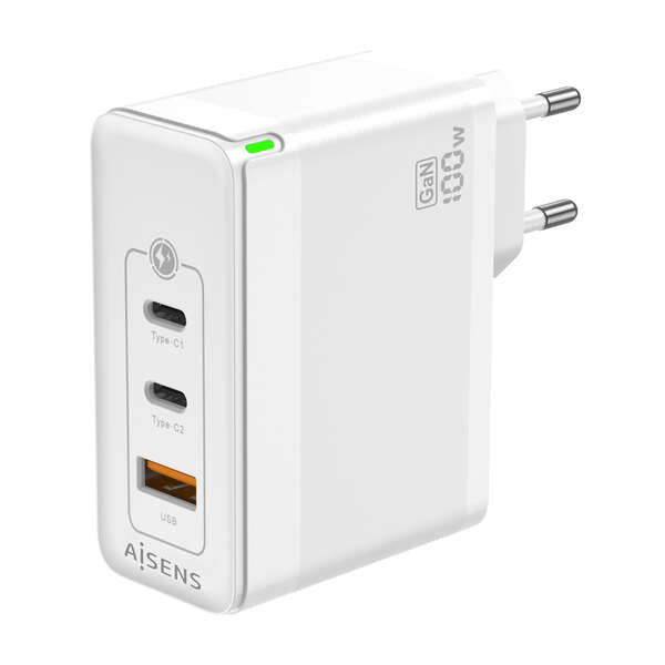 AISENS - Cargador Gan 100W  2xUSB-C PD3.0 QC4.0 QC5.0  1xUSB-A QC3.0  Blanco