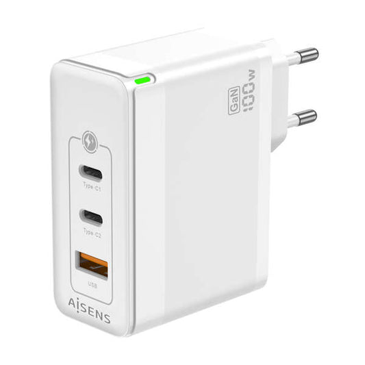 AISENS - Cargador Gan 100W  2xUSB-C PD3.0 QC4.0 QC5.0  1xUSB-A QC3.0  Blanco