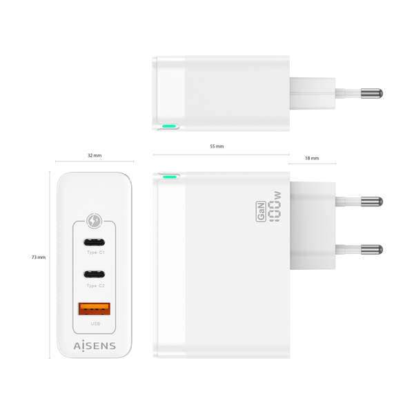 AISENS - Cargador Gan 100W  2xUSB-C PD3.0 QC4.0 QC5.0  1xUSB-A QC3.0  Blanco