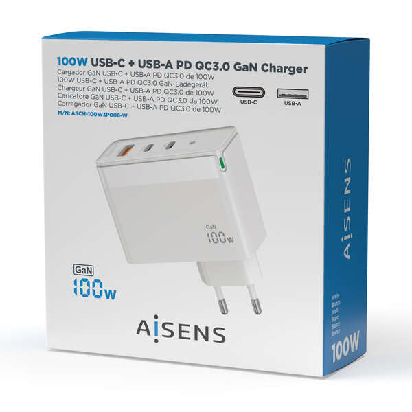 AISENS - Cargador Gan 100W  2xUSB-C PD3.0 QC4.0 QC5.0  1xUSB-A QC3.0  Blanco