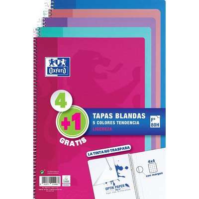 Oxford - PACK 4+1 CUADERNO ESPIRAL TAPA BLANDA FOLIO 80 HOJAS 4X4 CON MARGEN COLORES TENDENCIA OXFORD 400072719