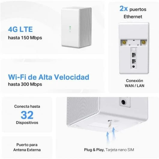 Mercusys Router Inalambrico 4G LTE 300Mbps - 2 Puertos 10/100Mbps - Color Blanco 1 pieza(s)