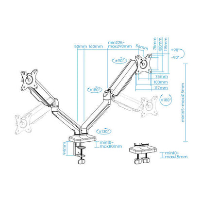 TooQ - Soporte de Mesa para 2 Pantallas 17"-32"  Negro