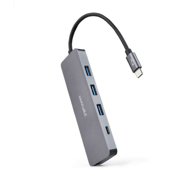 Nanocable - Hub USB-C a 3xUSB3.0/H + 1xUSB-C/H Aluminio 10 cm  Gris