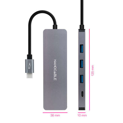 Nanocable - Hub USB-C a 3xUSB3.0/H + 1xUSB-C/H Aluminio 10 cm  Gris