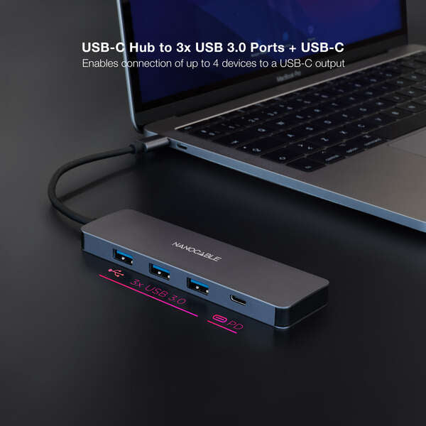 Nanocable - Hub USB-C a 3xUSB3.0/H + 1xUSB-C/H Aluminio 10 cm  Gris