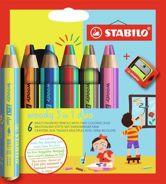 Stabilo Woody 3 en 1 Duo Pack de 6 Lapices de Colores + Sacapuntas - Mina 2 Colores XXL 10mm - Lapiz de Color, Cera  Acuarela, Todo en Uno - Colores Surtidos 1 pieza(s)