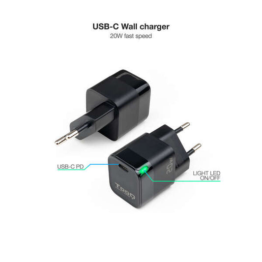 Tooq Cargador de Pared USB-C/PD 20W - Color Negro 1 pieza(s)