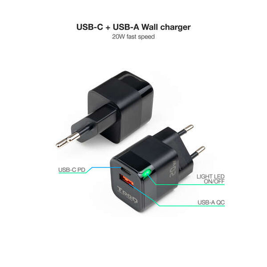 TooQ - Cargador de Pared USB-C/PD + USB-A/QC 20W  Negro