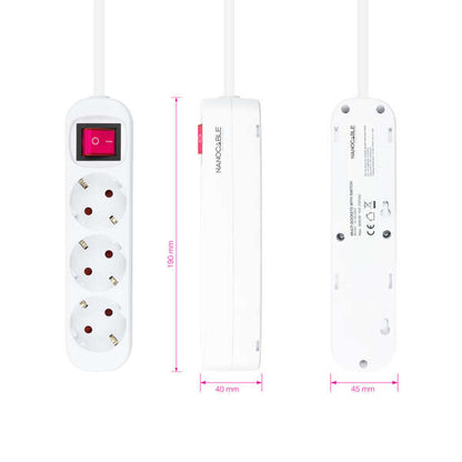 Nanocable - Regleta de Enchufes con 3 Tomas con Interruptor  1.4 m  Blanco