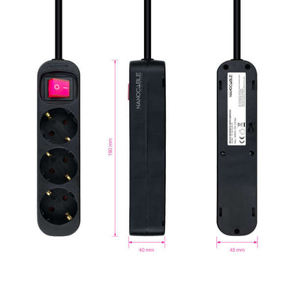 Nanocable - Regleta de Enchufes con 3 Tomas con Interruptor  1.4 m  Negro