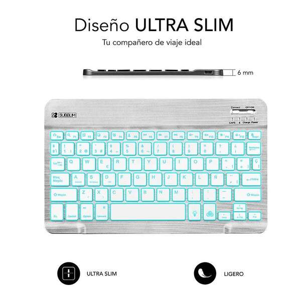 SUBBLIM - Teclado Retroiluminado Bluetooth Smart Backlit BT Keyboard Silver