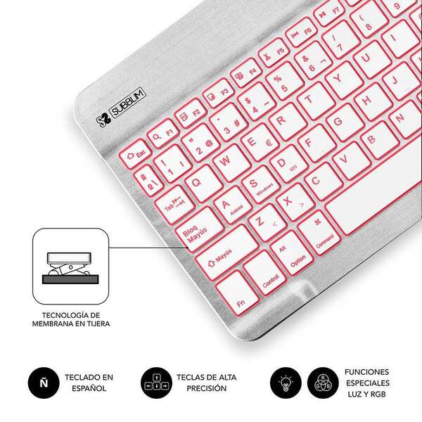 SUBBLIM - Teclado Retroiluminado Bluetooth Smart Backlit BT Keyboard Silver