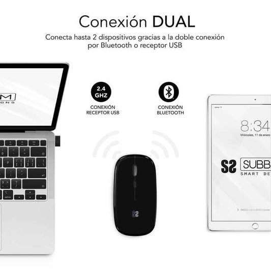 SUBBLIM - Ratón Óptico Inalámbrico 2.4G y Bluetooth Dual Flat Mouse Recargable Negro