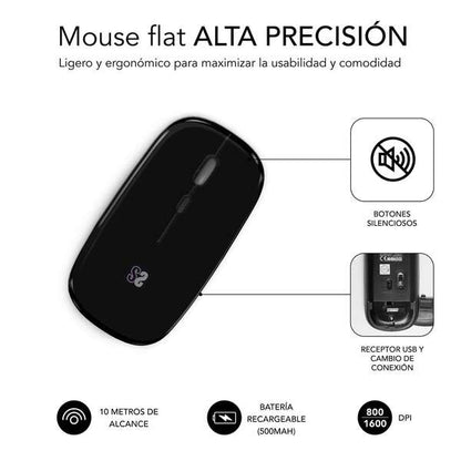 SUBBLIM - Ratón Óptico Inalámbrico 2.4G y Bluetooth Dual Flat Mouse Recargable Negro