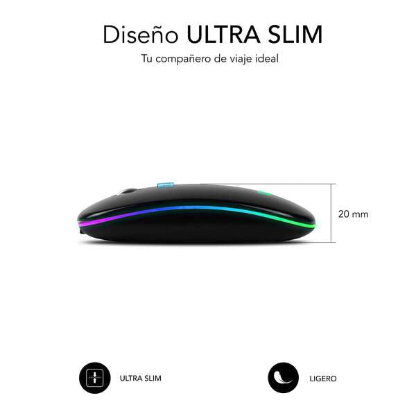 SUBBLIM - Ratón Inalámbrico Bluetooth + RF RGB LED Dual Flat Mouse Black