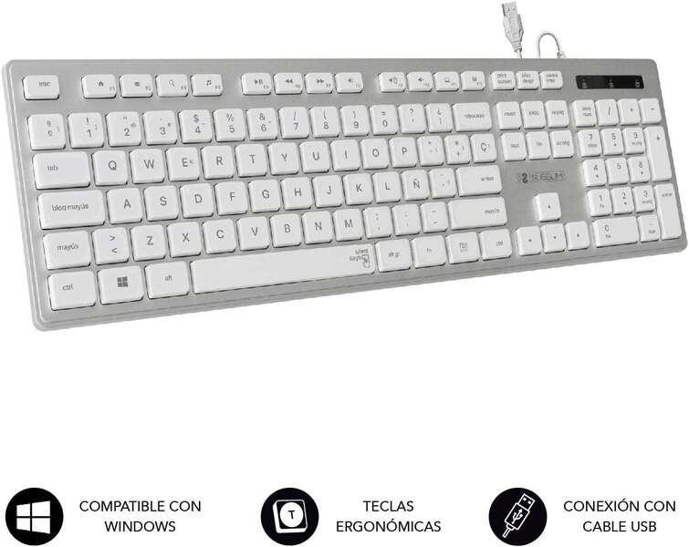 SUBBLIM - Teclado Ergonómico con cable USB Plano Silencioso Plateado/Blanco Ergo