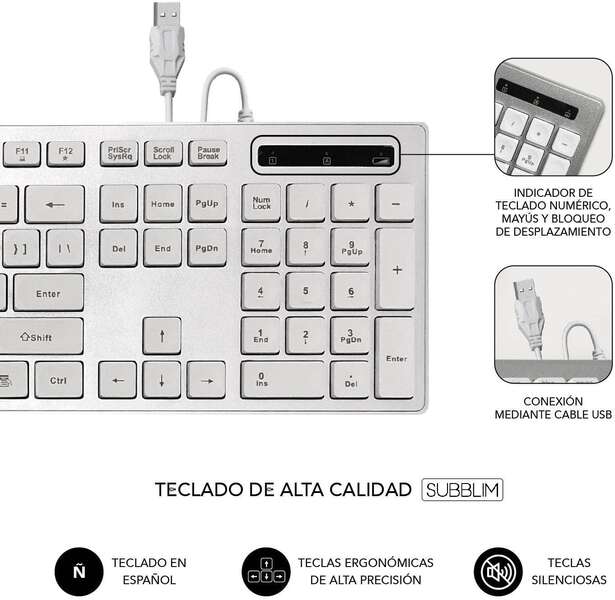 SUBBLIM - Teclado Ergonómico con cable USB Plano Silencioso Plateado/Blanco Ergo