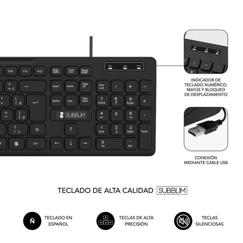 SUBBLIM - Teclado Ergonómico Business Slim Silencioso con cable USB