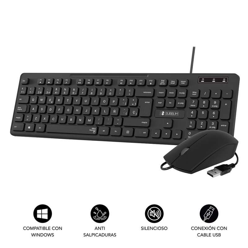 SUBBLIM - Teclado Ergonómico y ratón Combo Business Slim Silencioso con cable USB