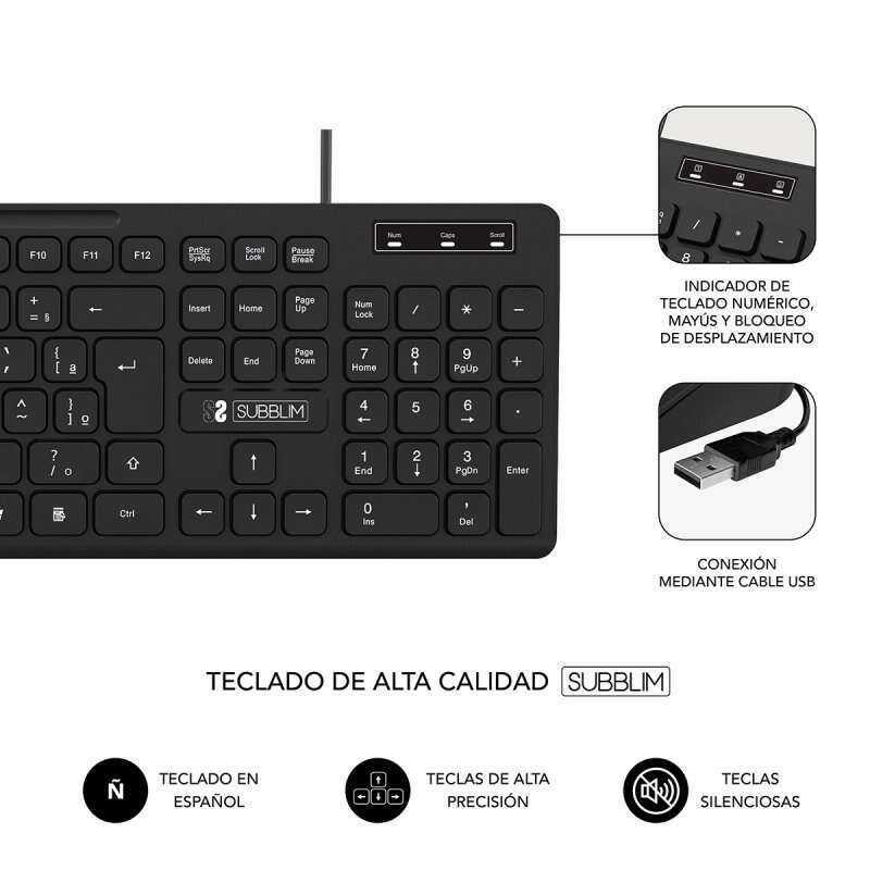 SUBBLIM - Teclado Ergonómico y ratón Combo Business Slim Silencioso con cable USB