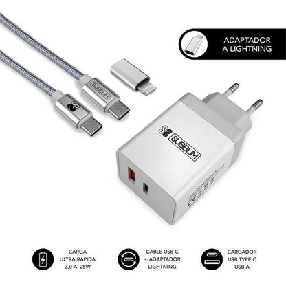 SUBBLIM - CARGADOR ULTRA RAPIDO 2xUSB DE PARED PD25W+QC3.0+Cable C to C y lightning Blanco