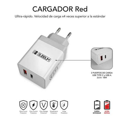 SUBBLIM - CARGADOR ULTRA RAPIDO 2xUSB DE PARED PD25W+QC3.0+Cable C to C y lightning Blanco