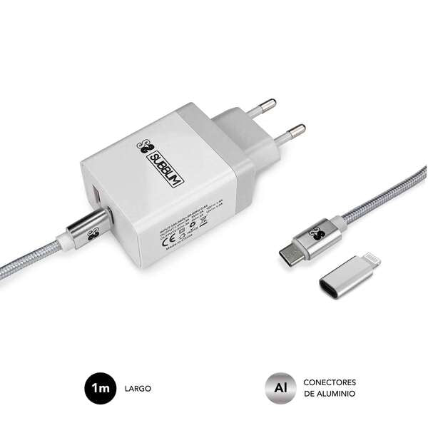 SUBBLIM - CARGADOR ULTRA RAPIDO 2xUSB DE PARED PD25W+QC3.0+Cable C to C y lightning Blanco