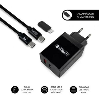 SUBBLIM - CARGADOR ULTRA RAPIDO 2xUSB DE PARED PD25W+QC3.0+Cable C to C y lightning Negro