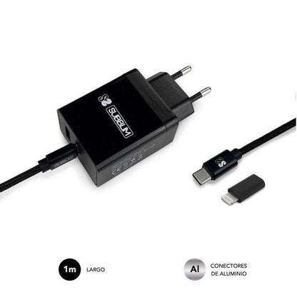 SUBBLIM - CARGADOR ULTRA RAPIDO 2xUSB DE PARED PD25W+QC3.0+Cable C to C y lightning Negro