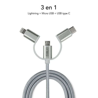 SUBBLIM - Cargador Coche 2xUSB Dual Car Charger Alum 2.4A + Cable 3 in 1 Silver