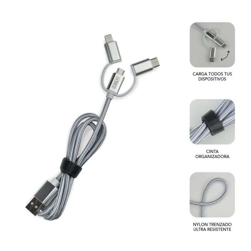 SUBBLIM - Cargador Coche 2xUSB Dual Car Charger Alum 2.4A + Cable 3 in 1 Silver