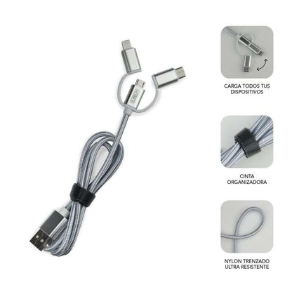 SUBBLIM - Cargador Coche 2xUSB Dual Car Charger Alum 2.4A + Cable 3 in 1 Silver