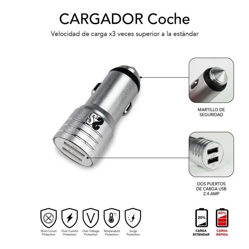 SUBBLIM - Cargador Coche 2xUSB Dual Car Charger Alum 2.4A + Cable 3 in 1 Silver