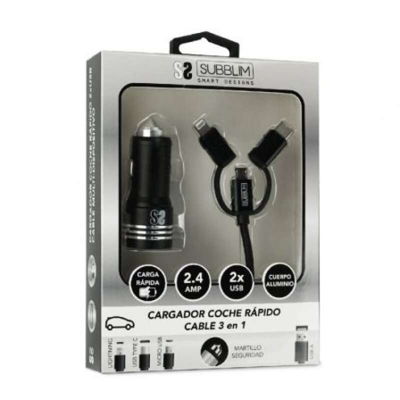 SUBBLIM - Cargador Coche 2xUSB Dual Car Charger Alum 2.4A + Cable 3 in 1 Black