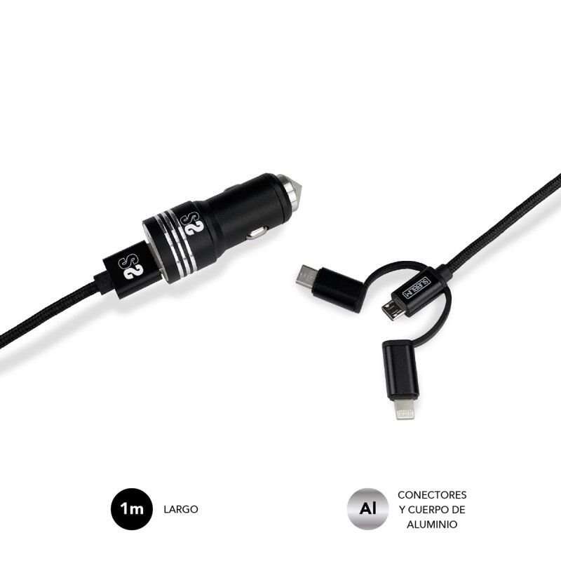 SUBBLIM - Cargador Coche 2xUSB Dual Car Charger Alum 2.4A + Cable 3 in 1 Black