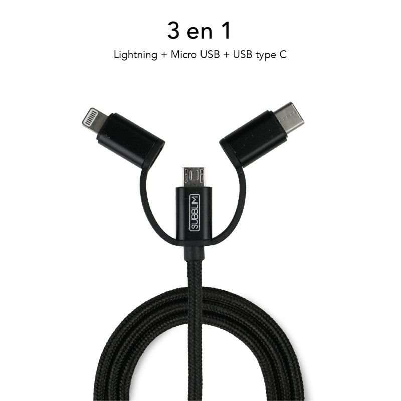 SUBBLIM - Cargador Coche 2xUSB Dual Car Charger Alum 2.4A + Cable 3 in 1 Black