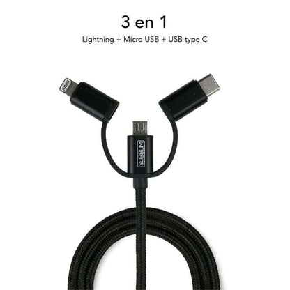 SUBBLIM - Cargador Coche 2xUSB Dual Car Charger Alum 2.4A + Cable 3 in 1 Black