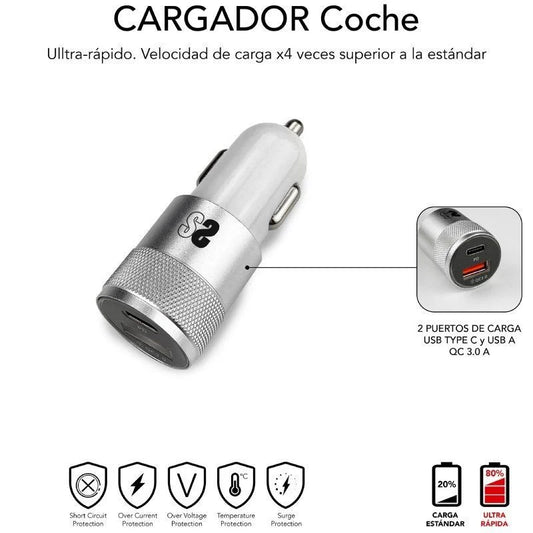 SUBBLIM - SUBCHG-5CPD10 cargador de dispositivo móvil Smartphone Plata Encendedor de cigarrillos  USB Carga rápida Auto