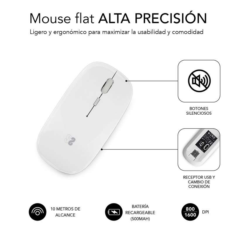 SUBBLIM - Ratón Óptico Inalámbrico 2.4G y Bluetooth Dual Flat Mouse Recargable Blanco