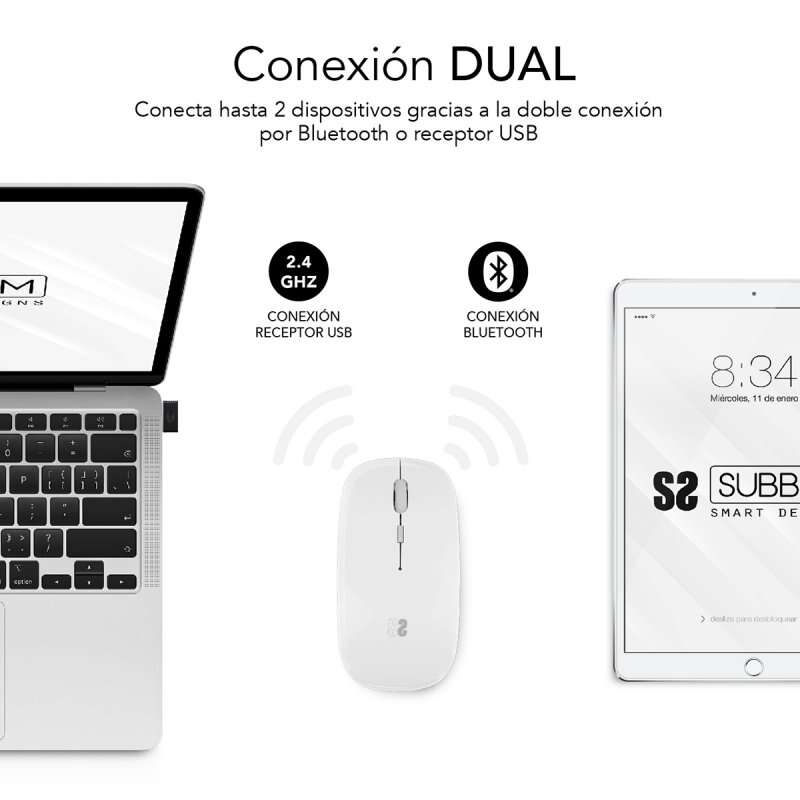 SUBBLIM - Ratón Óptico Inalámbrico 2.4G y Bluetooth Dual Flat Mouse Recargable Blanco