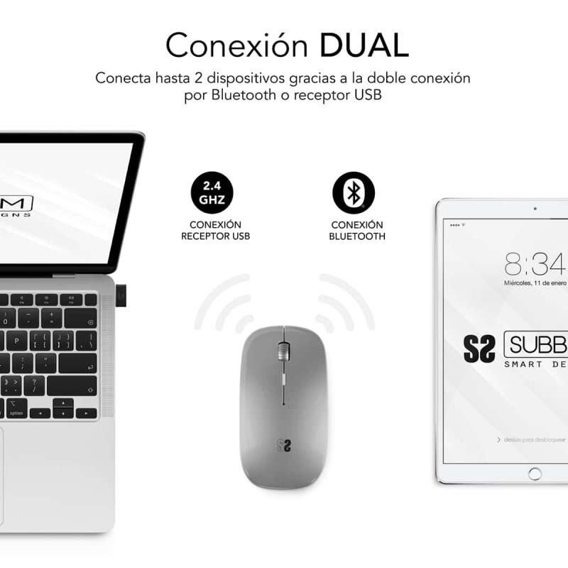 SUBBLIM - Ratón Óptico Inalámbrico 2.4G y Bluetooth Dual Flat Mouse Recargable Plateado