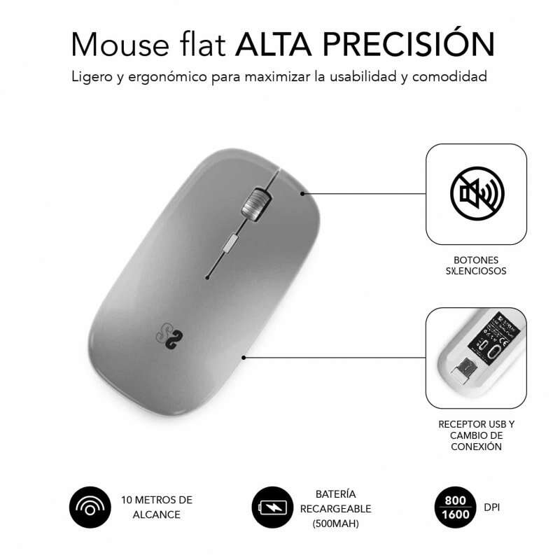 SUBBLIM - Ratón Óptico Inalámbrico 2.4G y Bluetooth Dual Flat Mouse Recargable Plateado