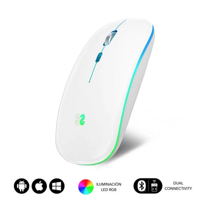 SUBBLIM - Ratón Inalámbrico Bluetooth + RF RGB LED Dual Flat Mouse White